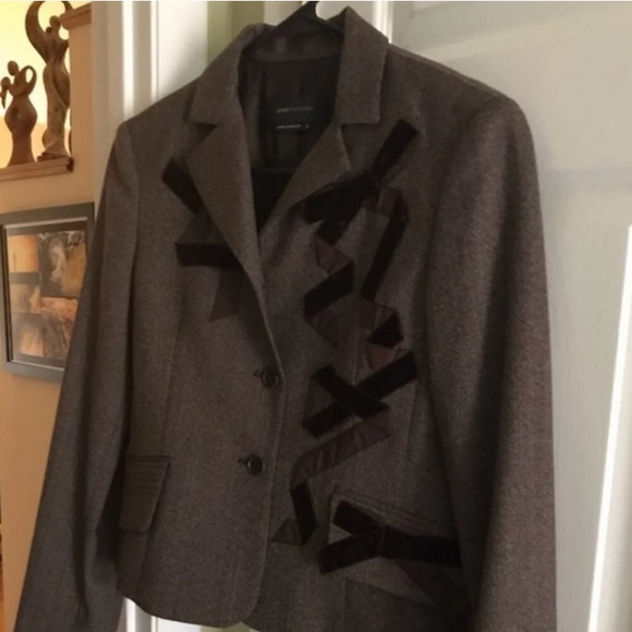BCBGMAXAZARIA retro designer Women’s Blazer Jacket Brown Tweed & Velvet - Picture 3 of 12